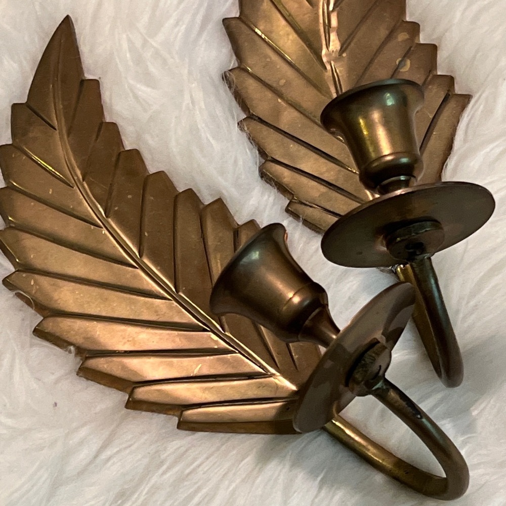 Vintage GATCO  Pair solid Brass Wall Sconce Leaf Feather Candlestick Holder BOHO